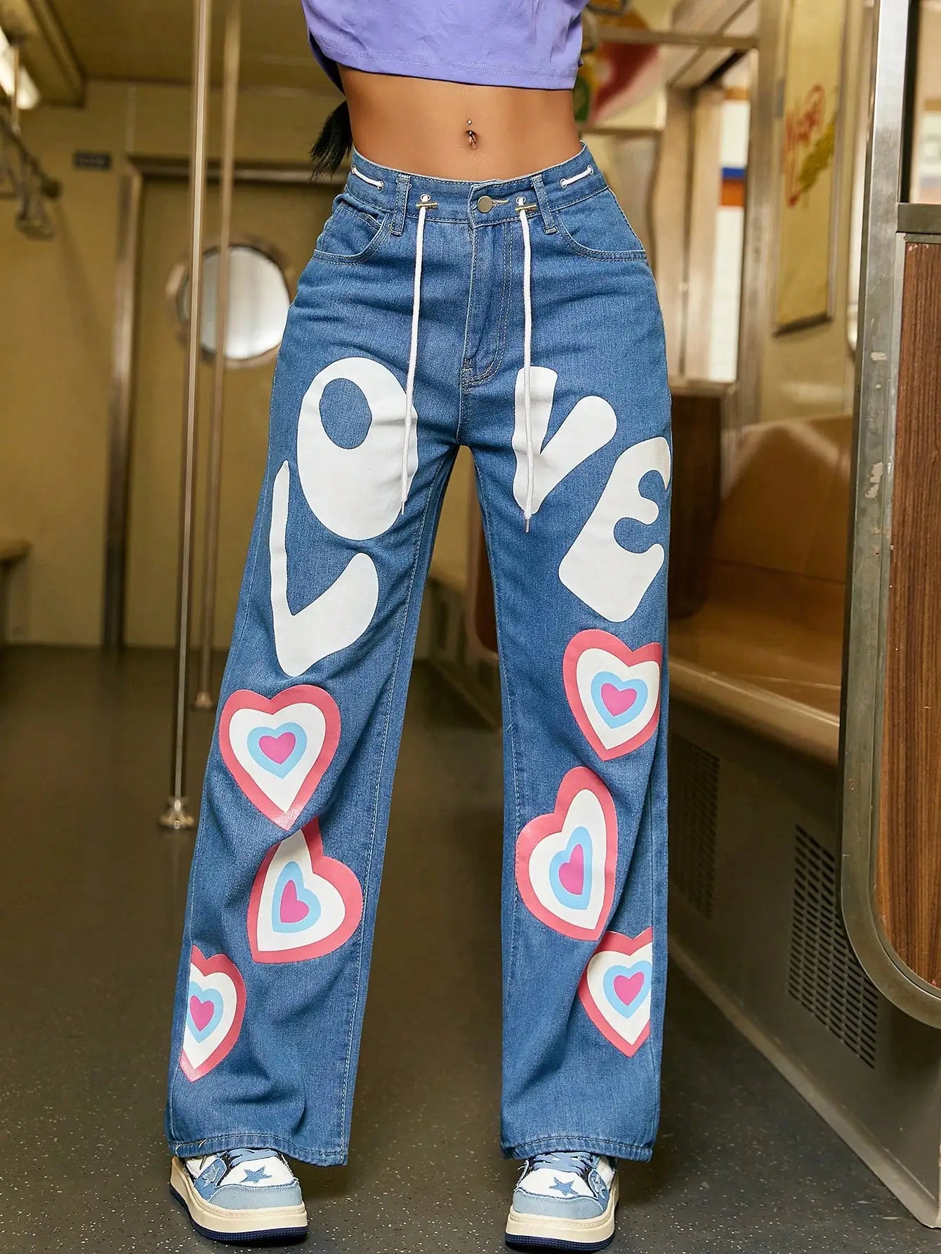Denim Love Heart Print Streetwear Drawstring Women's Slanted Pocket Stright Leg Jeans