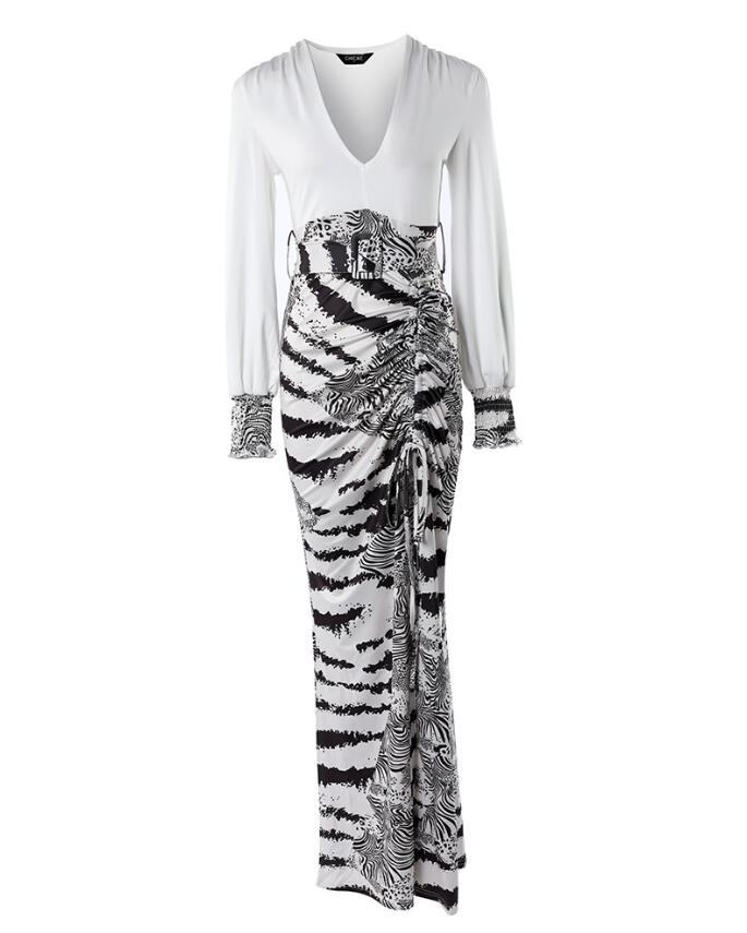 Tie-Dye/Zebra Deep V-Neck Long Sleeve Dress