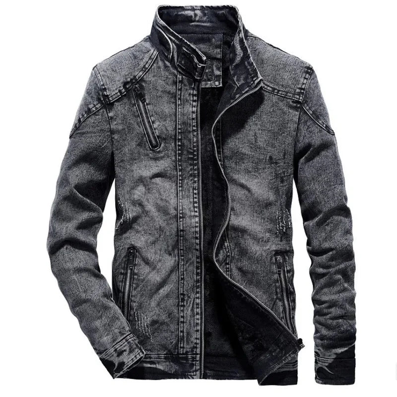 Men's Velvet Lined Mandarin Collar Washed Jean Jacket