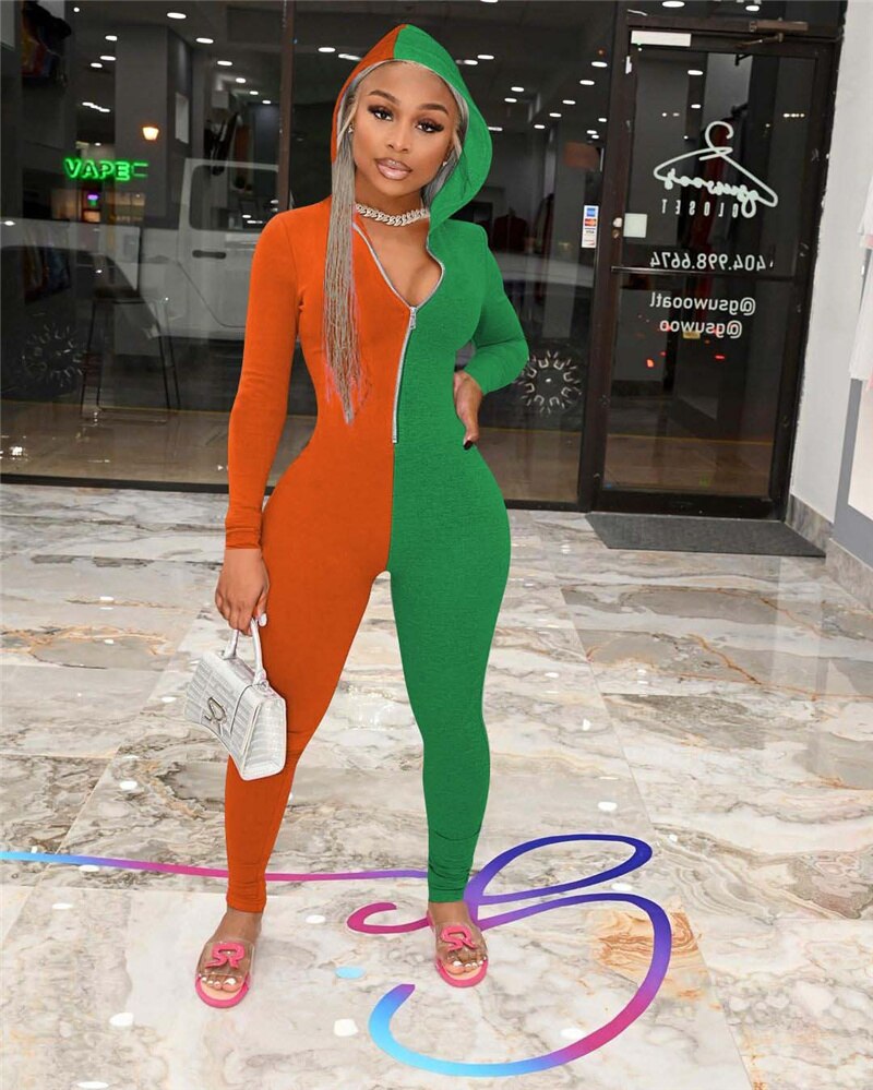 Color Block Patchwork Long Sleeve Zipper Hooded Jumpsuit