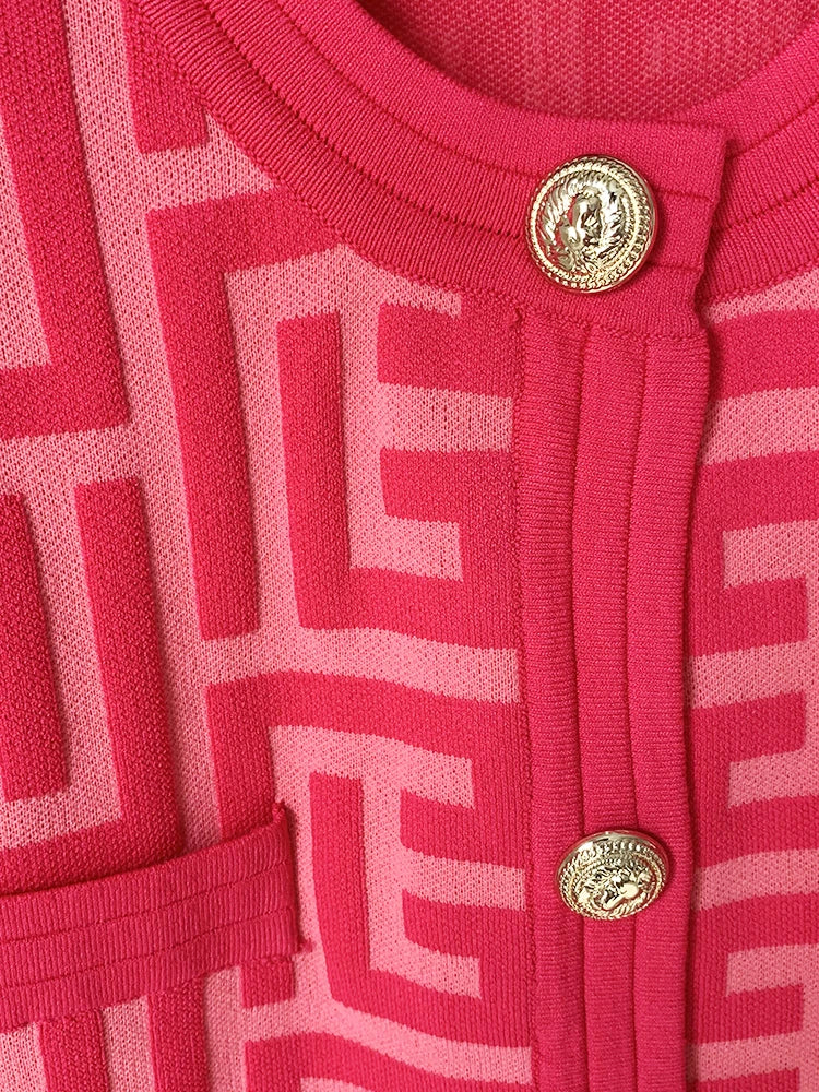 Pink Designer Lion Buttons Monogram Geometric Jacquard Knitted Sweater Cardigan/Matching Knitted Pants