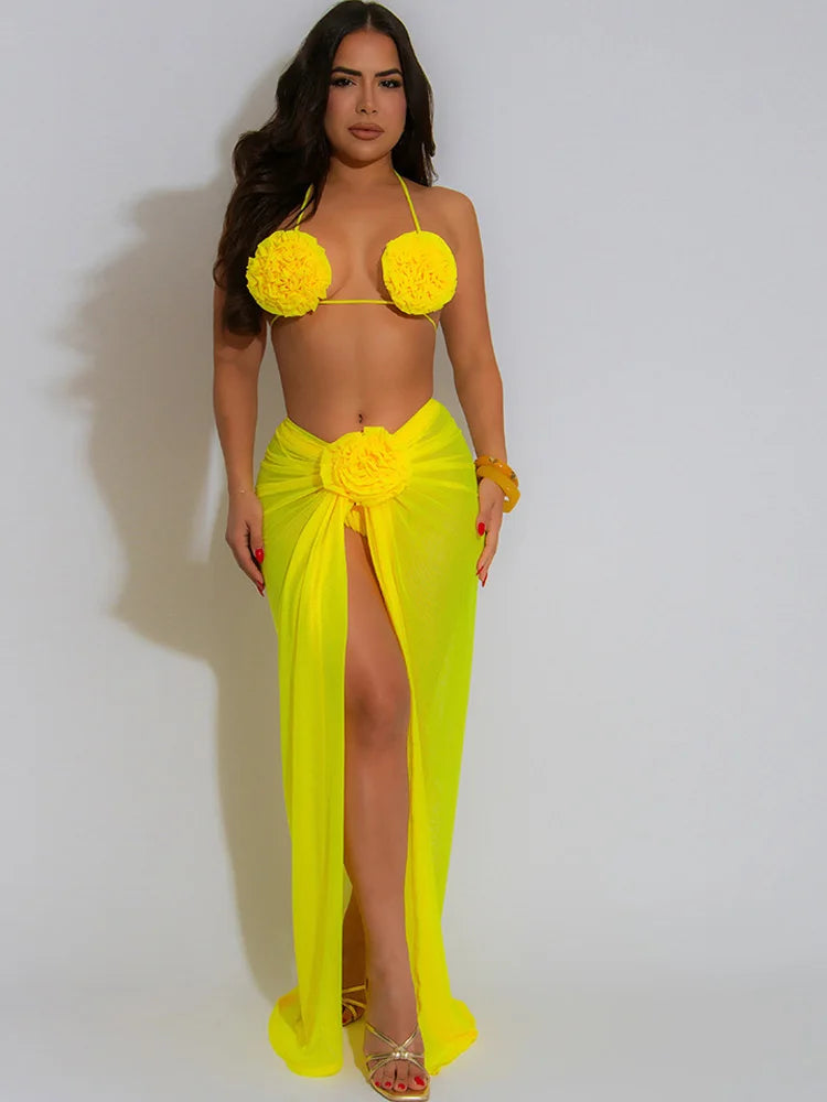 3D Flower Bikini Swimsuit + Sheer Mesh Ruched Sarong Maxi Skirt Cover-Up 3-Piece Swimwear Set