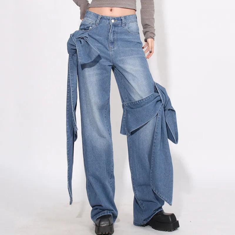 Denim Oversized Bowtie Detail Bandage Crop Top + High Waist Wide Leg Cargo Jeans Ladies 2-Piece Set