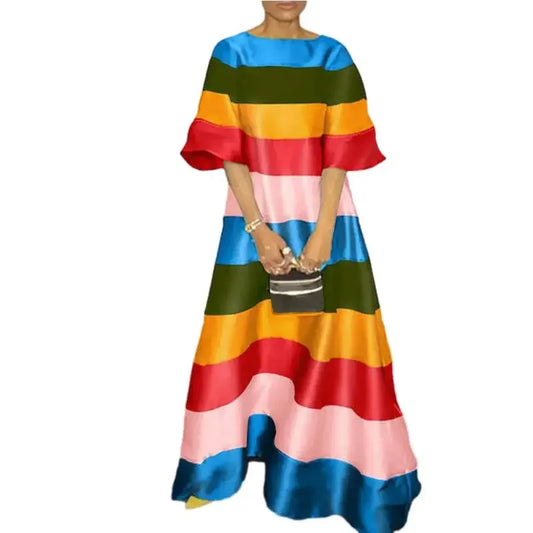 Rainbow Colorblock Striped Oversized Print Short Sleeve O-Neck Floor-Length Maxi Dress