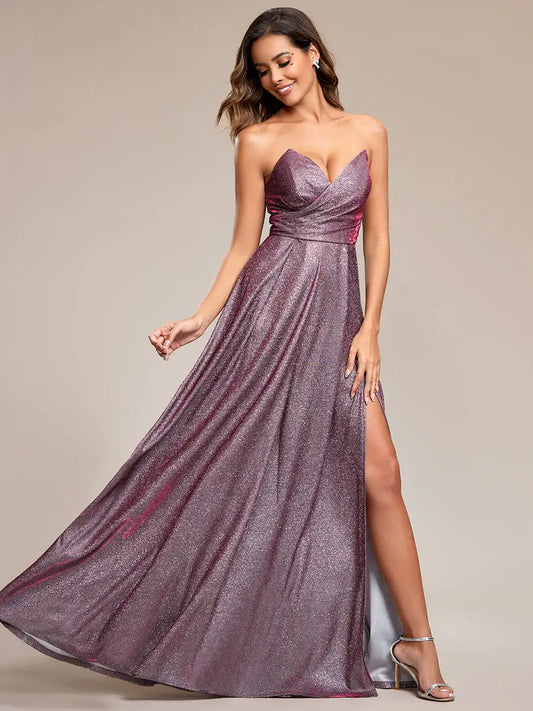 Metallic Deep V-Neck High Slit Pleated Prom/Party/ Bridesmaid Formal Maxi Dress