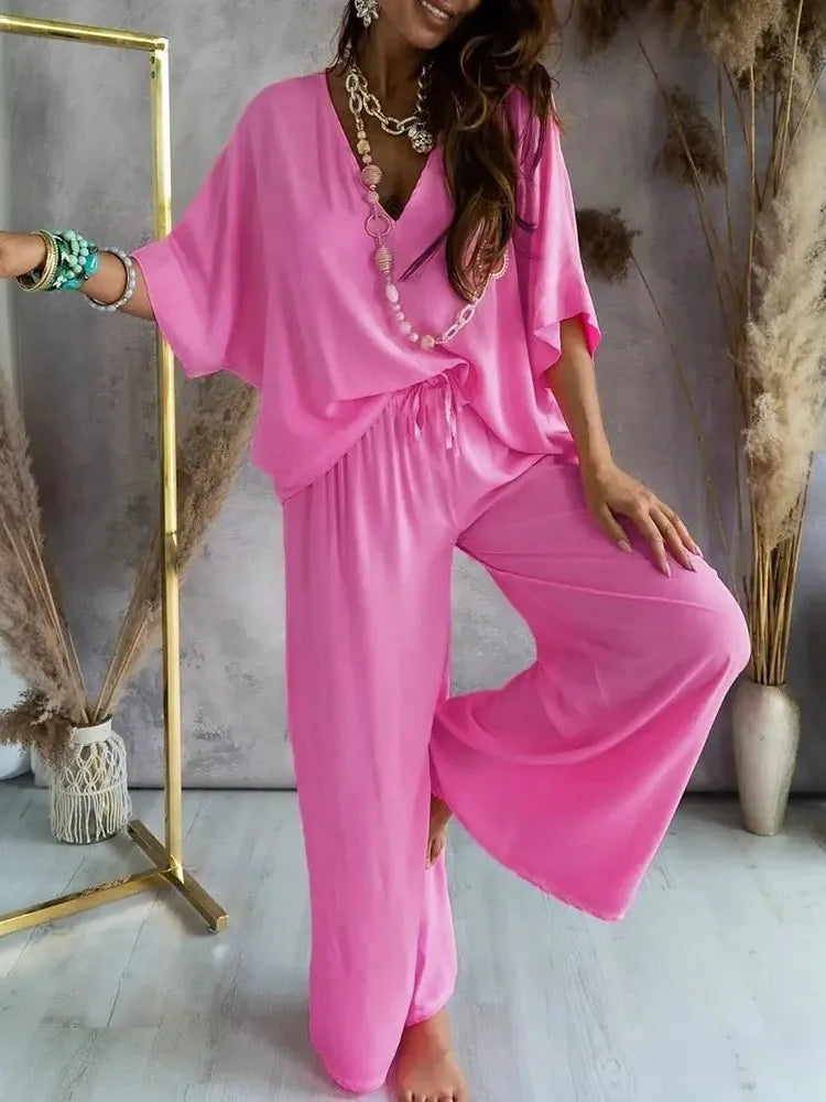 Baroque/Colorblock Striped/Solid Color Women's V-Neck Top + Loose Pants 2-Piece Set