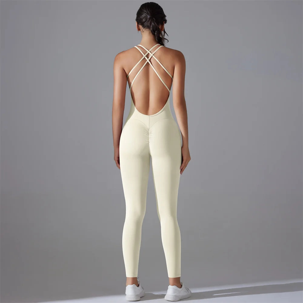 Fitness Solid Color Women's Criss-Cross Scrunch Workout Jumpsuit