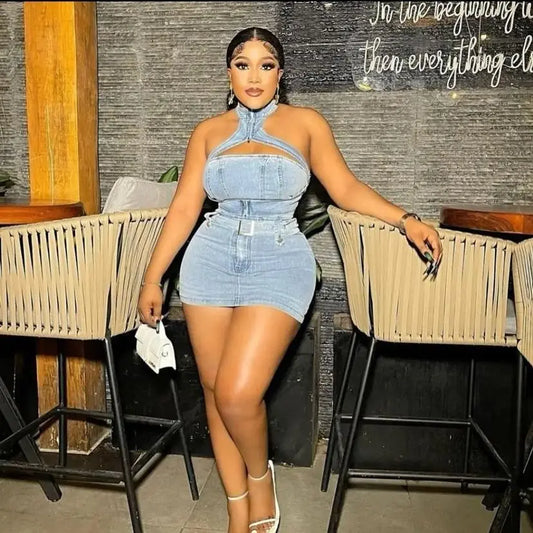 Denim Light Blue Washed Sleeveless Hollow-Out Zipper Neck Crop Cami Top + Belted Mini Jean Skirt Women's 2-Piece Set
