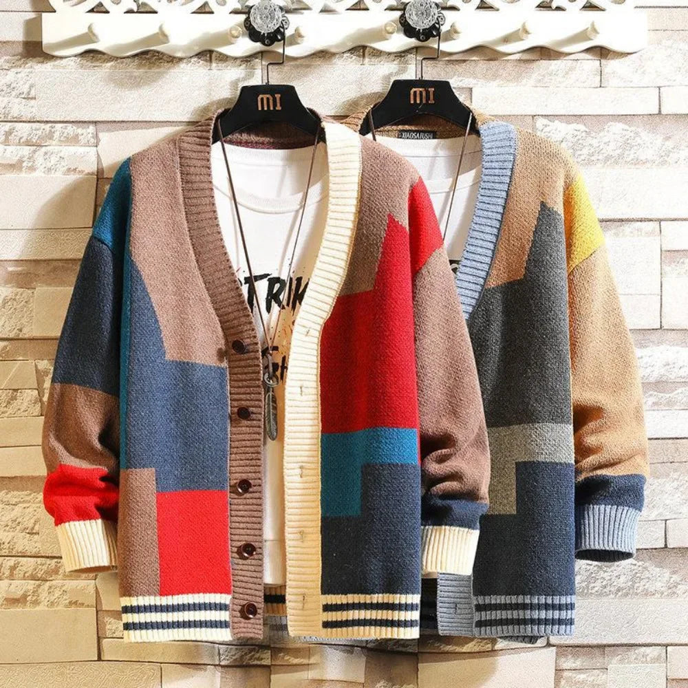 Wool Colorblock Checkered Men's Spliced Pattern Knitted Cardigan Sweater