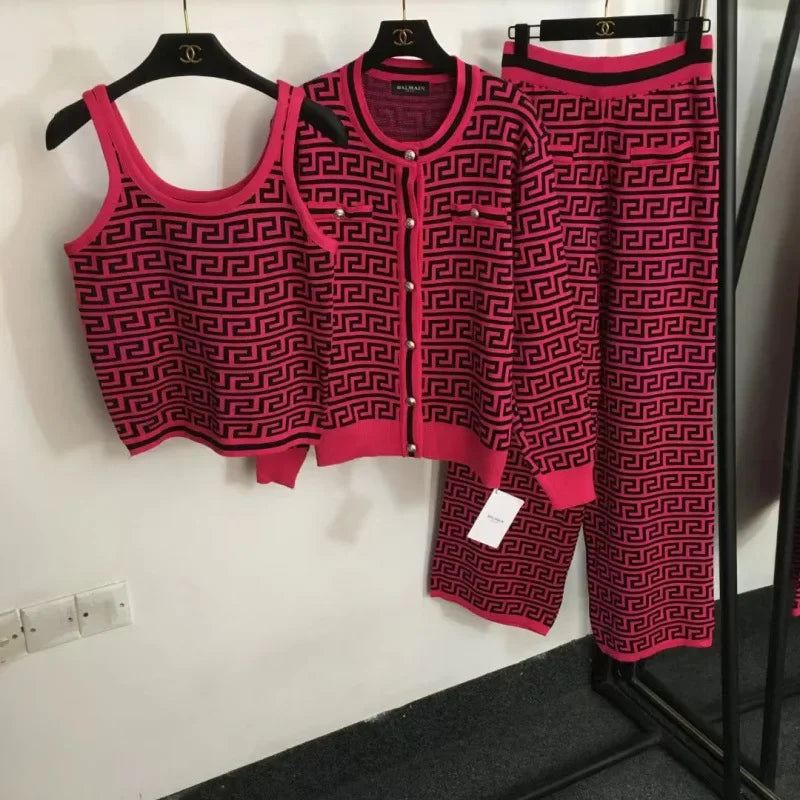 Geometric Colorblock Print Knitted Women's Open Cardigan Sweater + Matching Tank Vest Top + High Waist Wide Leg Pants 3-Piece Set