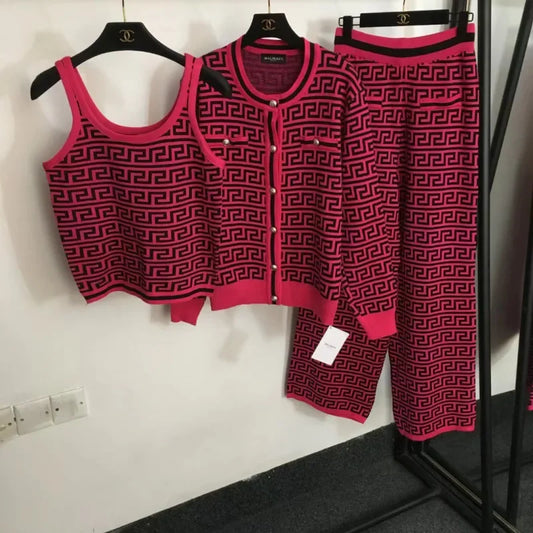 Geometric Colorblock Print Knitted Women's Open Cardigan Sweater + Matching Tank Vest Top + High Waist Wide Leg Pants 3-Piece Set