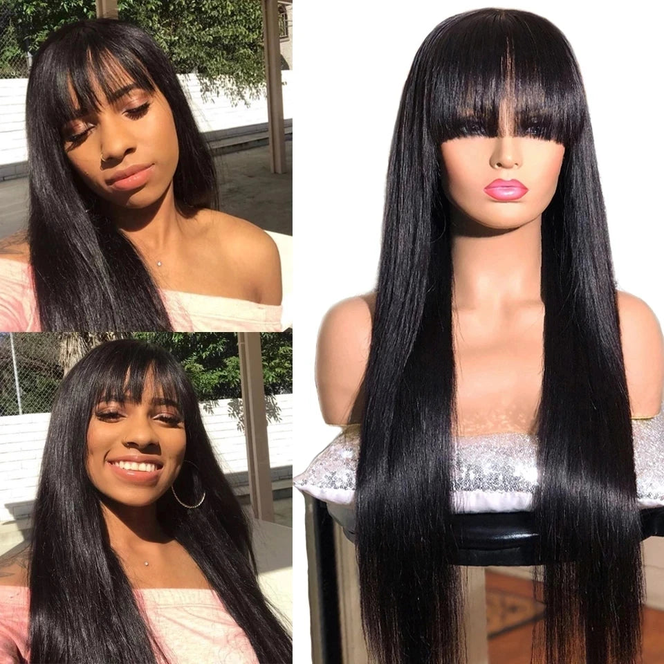 Black Long Synthetic Hair Lacefront w/ Bangs Fringe Cosplay Wig