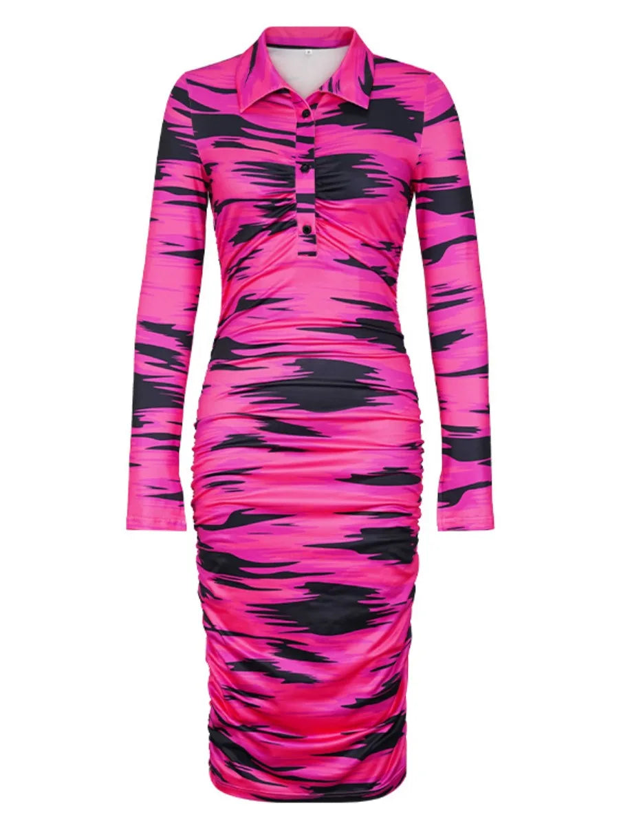 Shirred Ruched Hot Pink/Black Tie-Dye Turn-Down Collar Bodycon Pencil Slit Sleeve Draped Shirt Dress