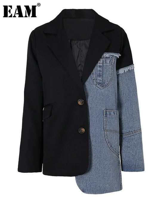 Blue/Black Denim Colorblock Long Sleeve Loose Fit Women's Blazer Jacket