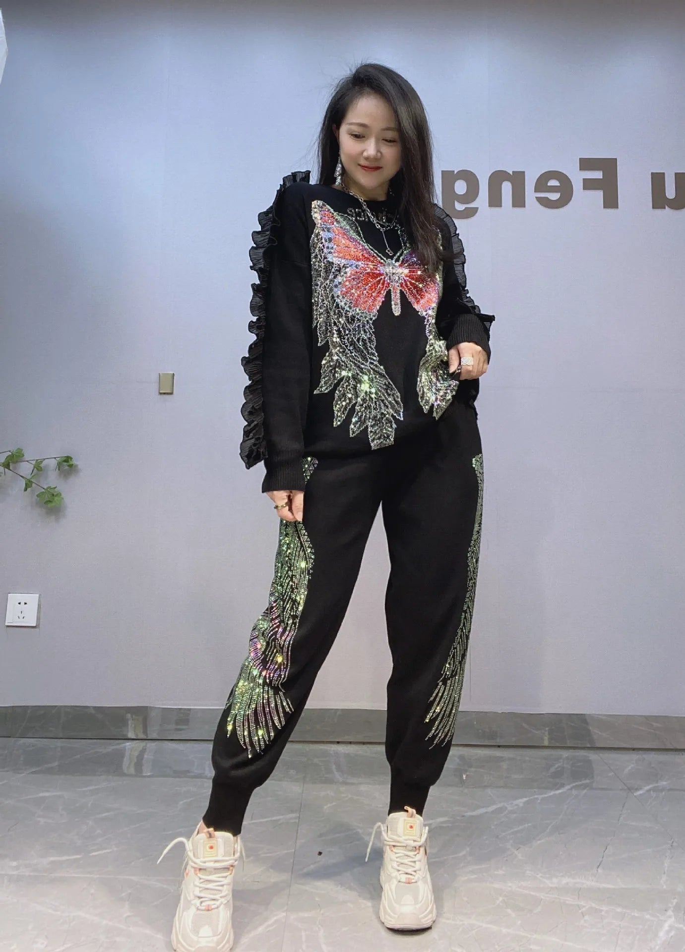 Ruffled Glitter Rhinestone Metallic Butterfly Angel Wing Printed Knitted Women's Tracksuit