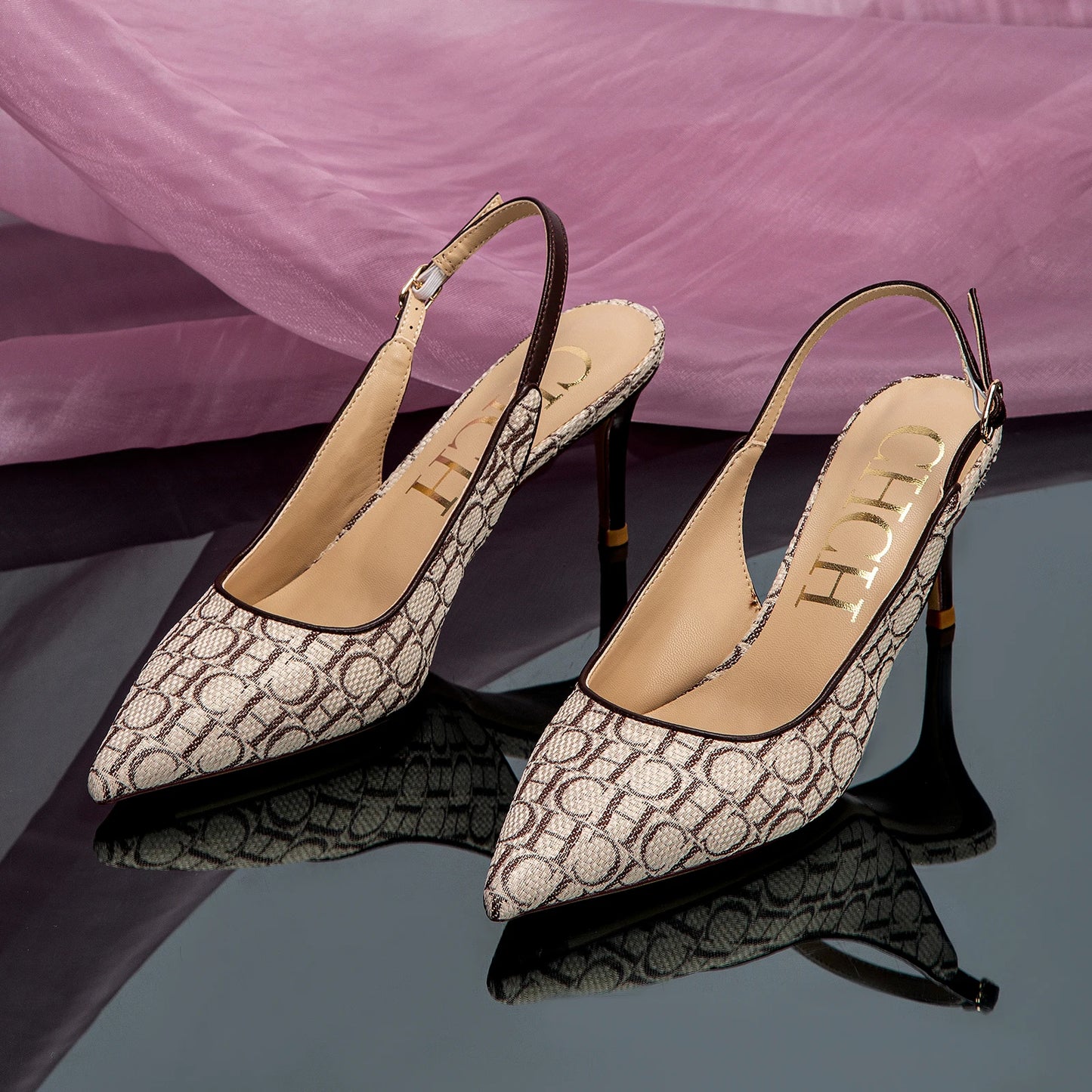 Monogram Letter Print Women's Slingback Buckle Strap Pumps