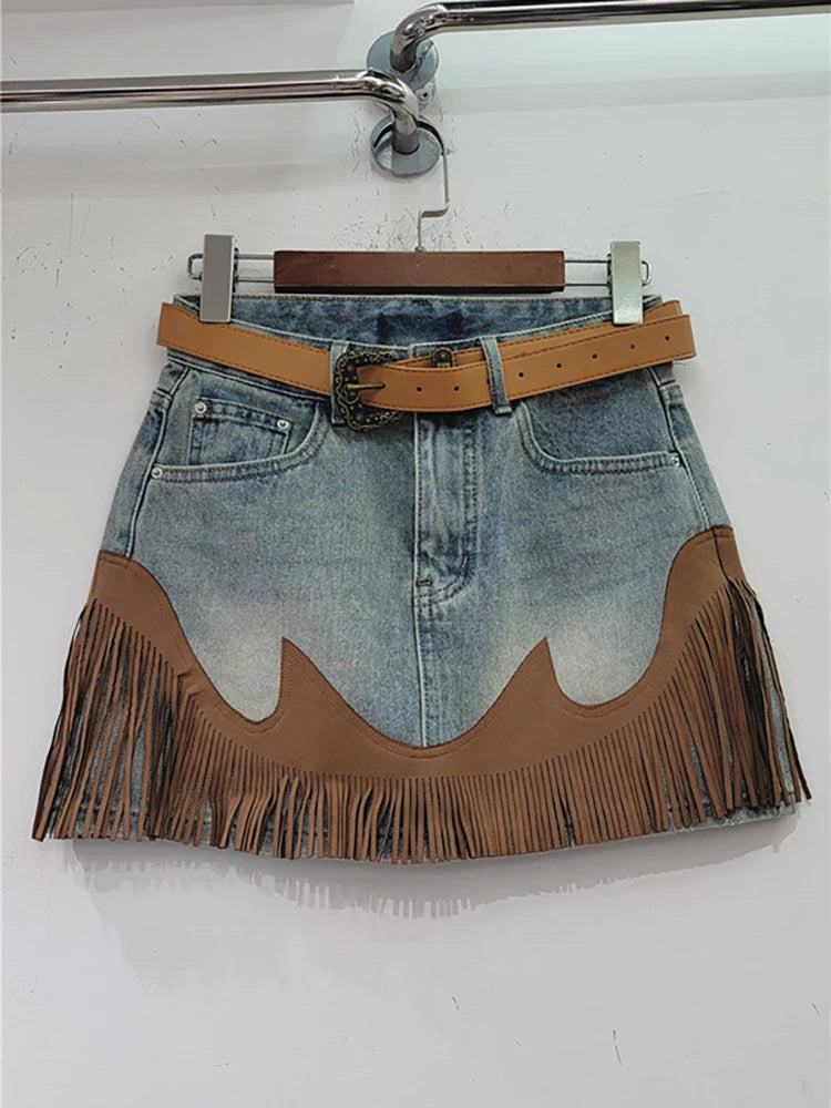 Colorblock Belted Spliced Contrast Color Irregular Tassel A-line Mini Skirt