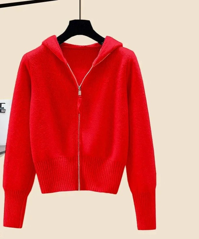 Hooded Solid Color Women's Long Sleeved Zipper Cardigan Sweater Jacket