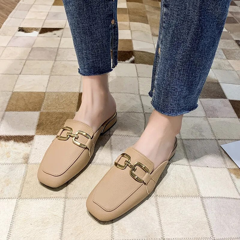 Chain Link Round Toe Bowknot Flat Slip-On Mules