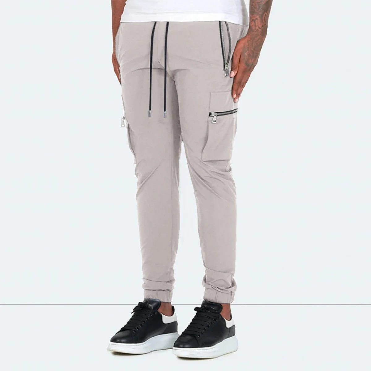 Men's Zipper Pocket Design Drawstring Solid Cargo Pants