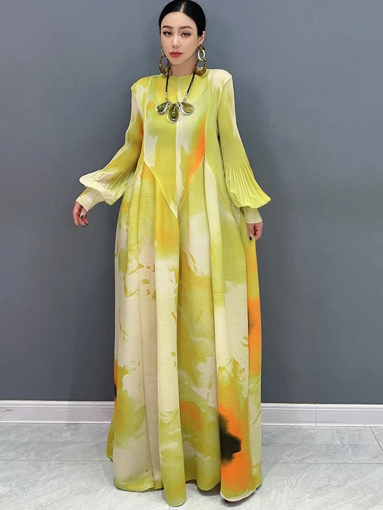 Chiffon Floral Tie-Dye Print Spliced Pleated Long Lantern Sleeve Big Swing Formal Maxi Dress