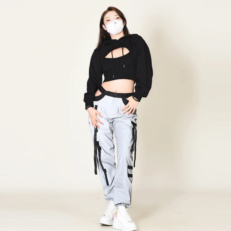Reflective Hip-Hop Women's Hollow-Out Long Sleeve Patchwork Sweatshirt/Zipper Jacket + Cargo Strap Detail Sweatpants Tracksuit