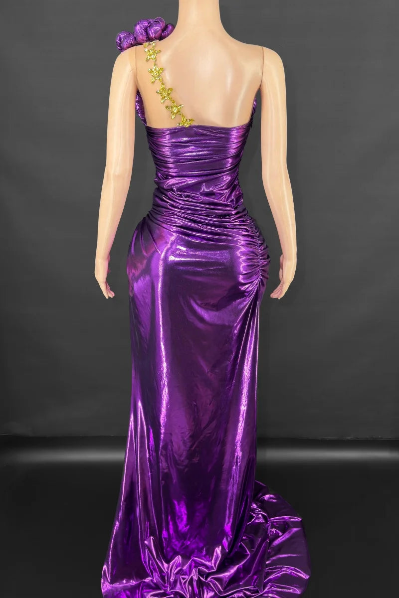 Irregular Sleeveless Ruched Faux Leather Rhinestone Asymmetrical Sexy One Sleeve High Slit Floor-Length Maxi Bodycon Formal Party/Prom Dress