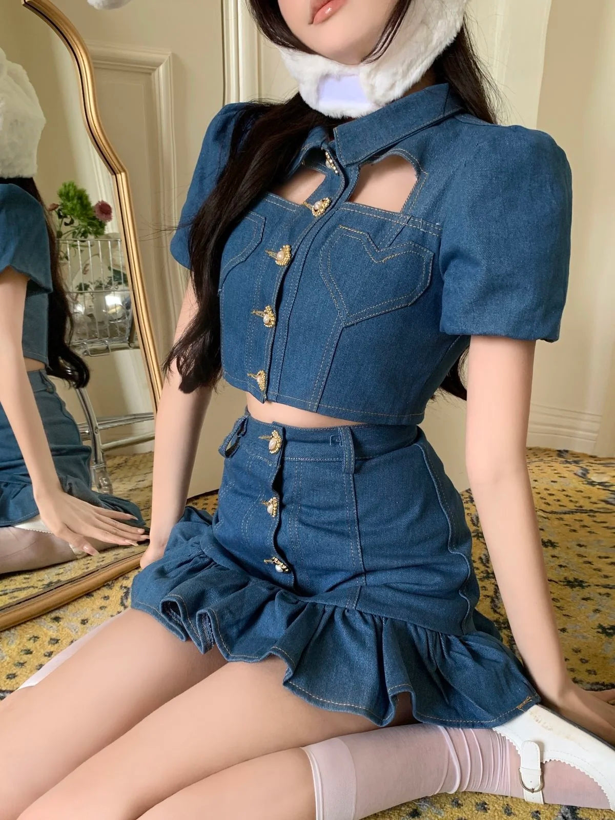 Denim Heart Design Button-Up Short Puff Sleeve Turn-Down Collar Crop Top + Ruffled Mermaid Mini Jean Skirt 2-Piece Set