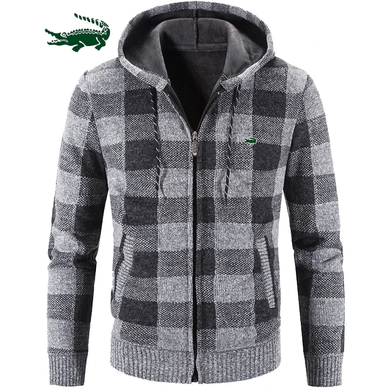 Men's Plaid Fleece Hoodie Checkered Hooded Knitted Cardigan Sweater Jacket