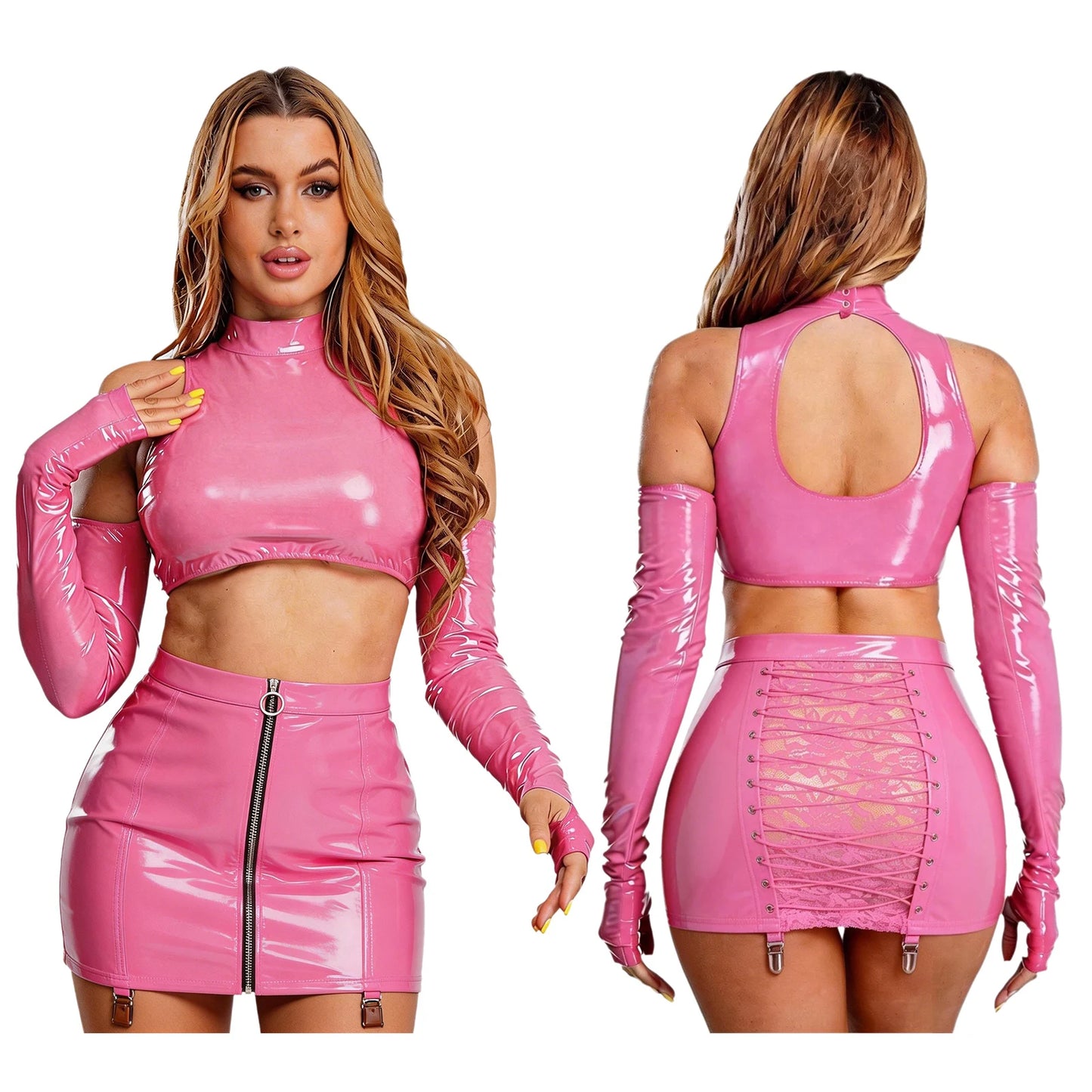 PU Leather Bare Shoulder Long Sleeve Cut-Out Crop Top + Zipper Front Transparent Floral Lace Back Design Bodycon Mini Skirt Women's 2-Piece Set to 3X Plus Size
