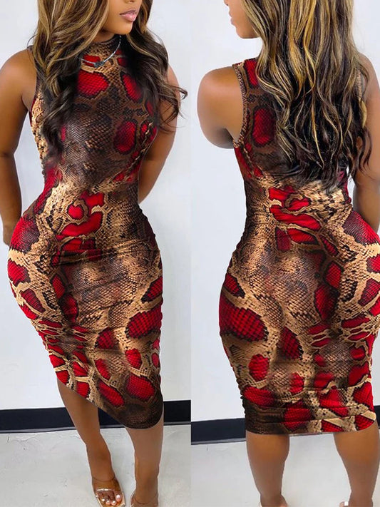 Baroque/Geometric/Snake/Colorblock Print Sleeveless Bodycon Midi Dress