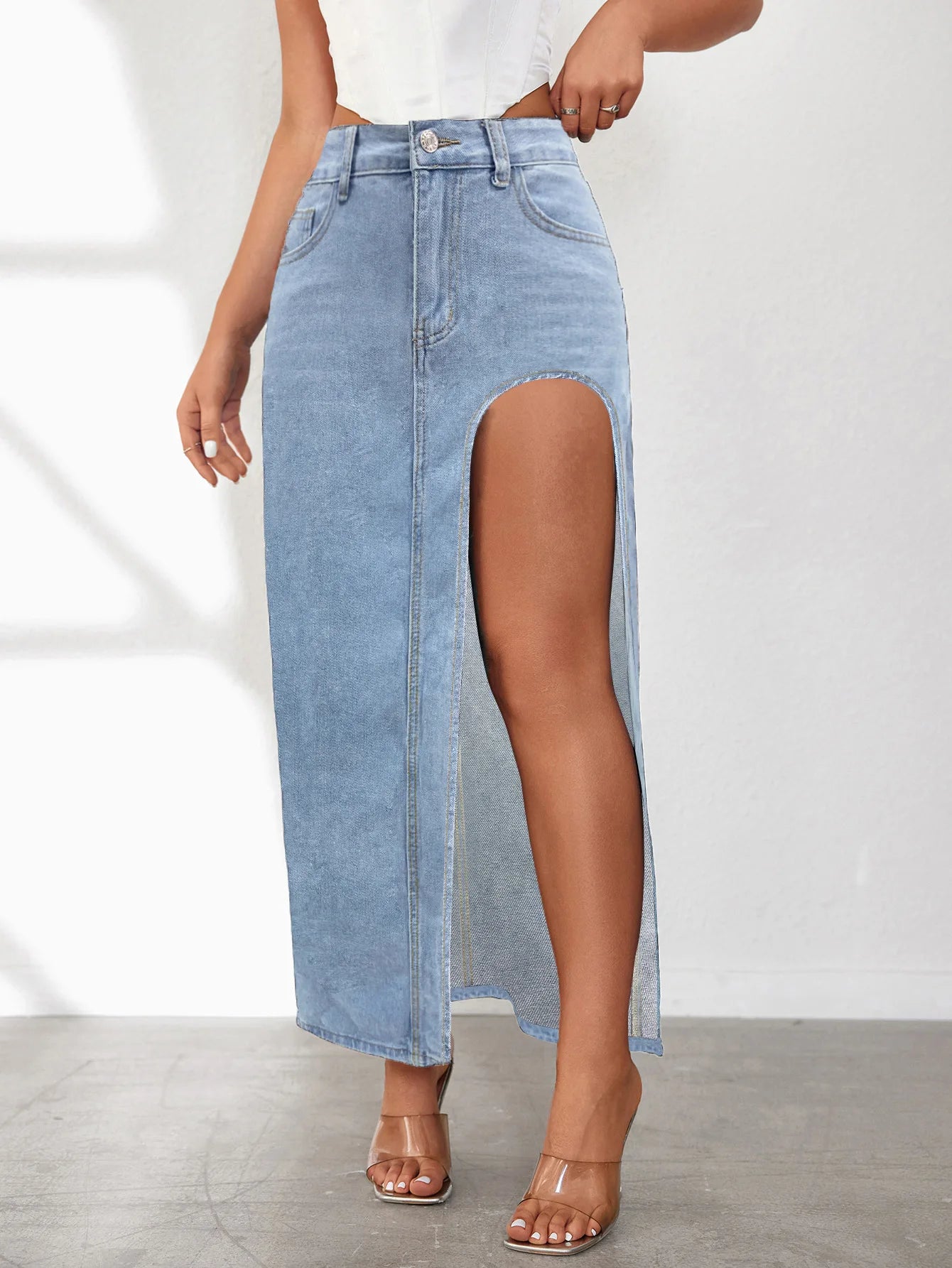 Denim High Slit Low Waist Distressed Bodycon Wrapped Long Jean Maxi Streetwear Skirt