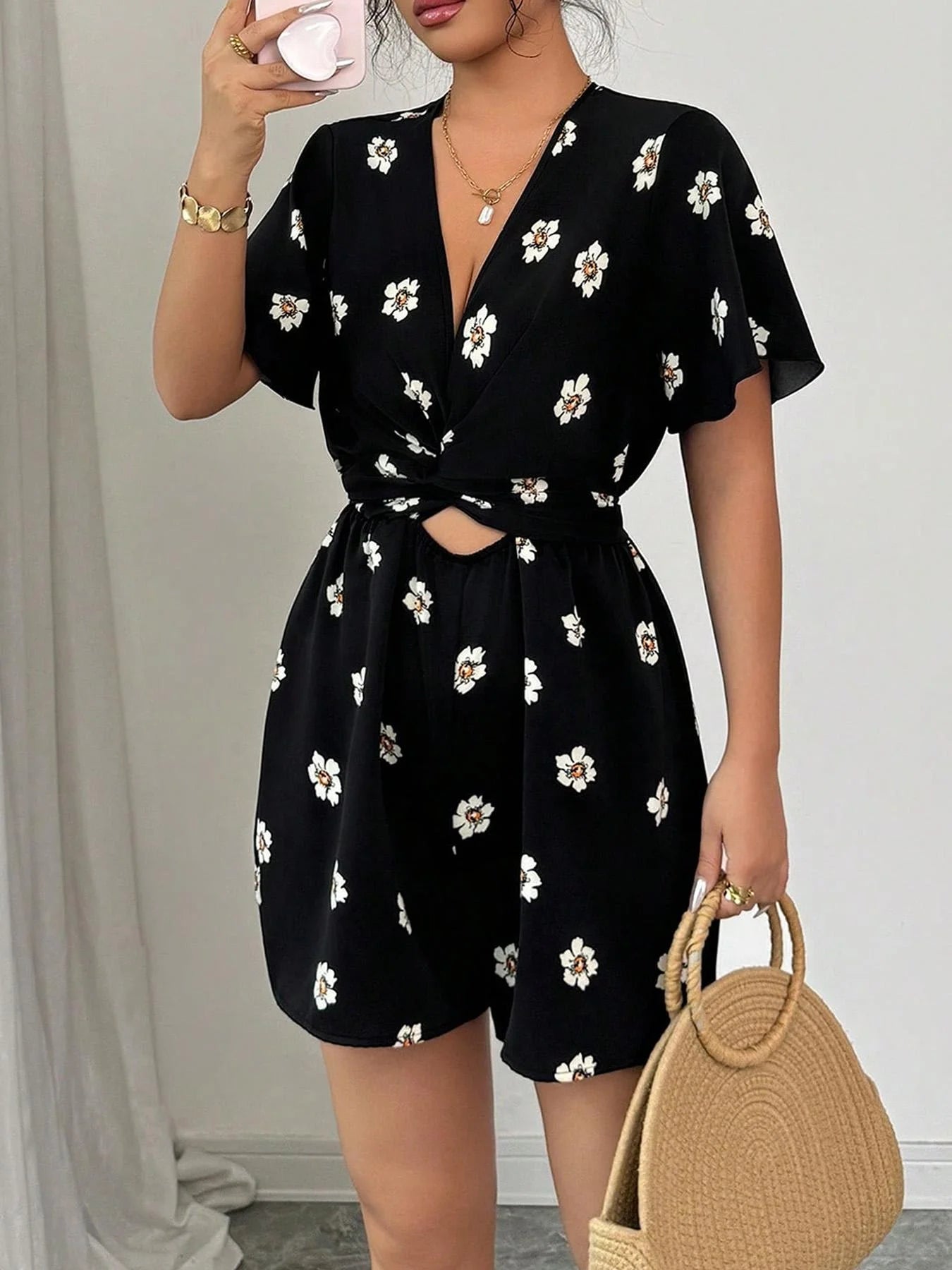 Women's Floral Print Romper, Casual Short Sleeve Romper for Summer, Fashion Women's Clothing for Daily Wear
