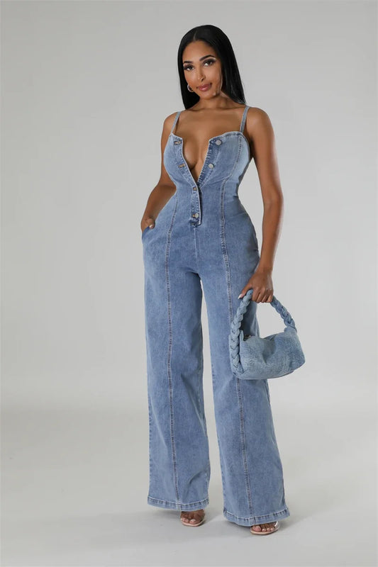Denim Blue Washed Deep V-Neck Streetwear Strapless Wide Leg Sleeveless Jean Jumpsuit