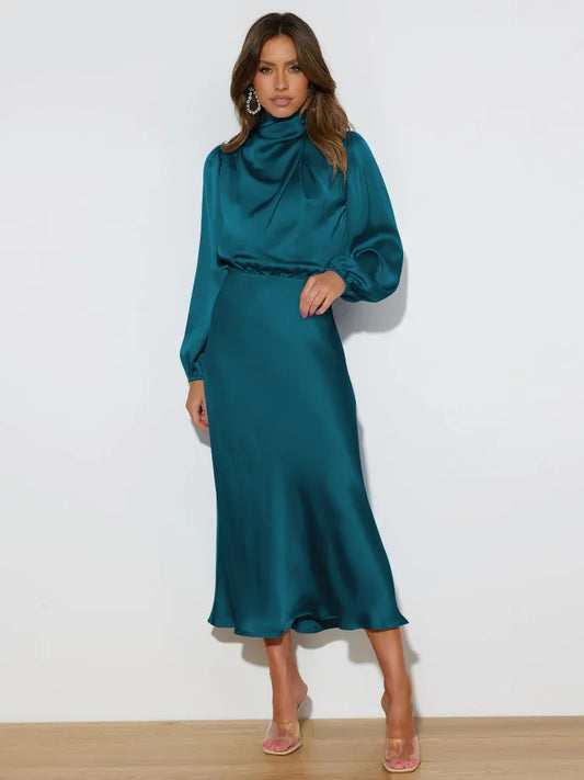 Ruched Turtleneck Satin Bowtie Detail Trumpet Mermaid Long Sleeve Bodycon Party/Office Dress