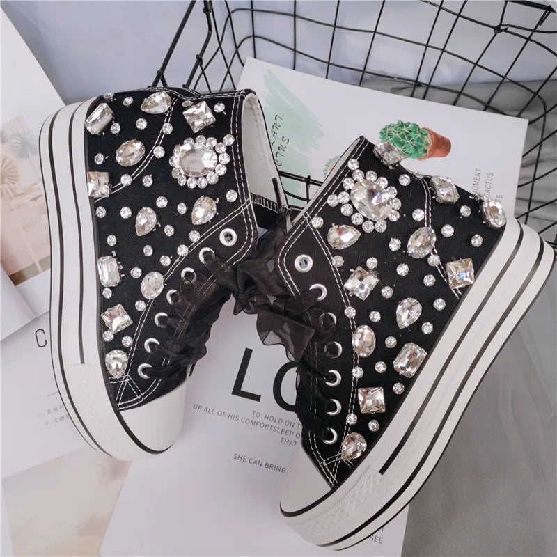 Crystal Handmade Rhinestone Diamond High Top Women's Canvas  Designer Platform Sneakers