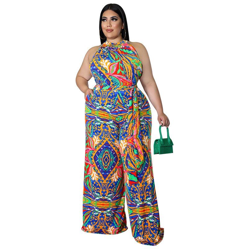 African Print Sleeveless Printed Wide Leg Jumpsuit w/ Sash Belt to 5X Plus Size