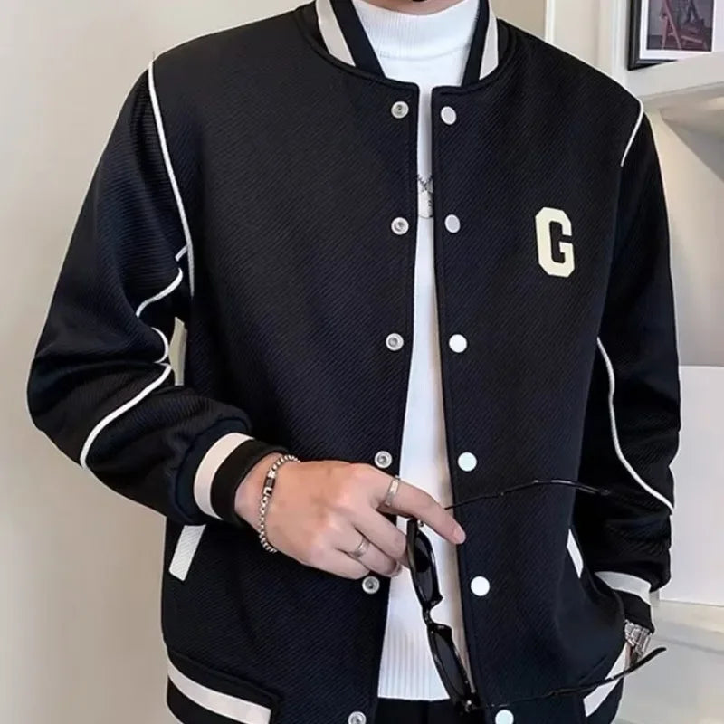 Men's "B" Letter Print Colorblock Side Striped Button-Up Stand Collar Baseball Bomber Jacket