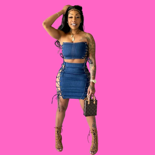 Denim Cross Bandage Strapless Sleeveless Tube Crop Top + Hollow-Out Lace-Up Pencil Split Mini Jean Skirt 2-Piece Set