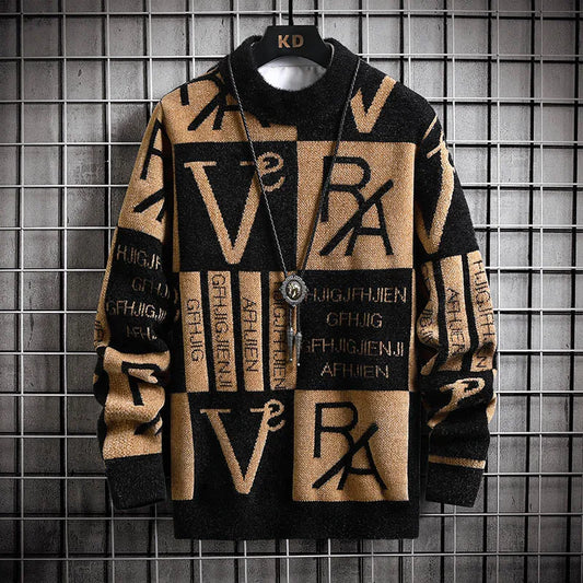 Men's Knitted Letter Geometric Colorblock Print Round Neck Pullover Sweater
