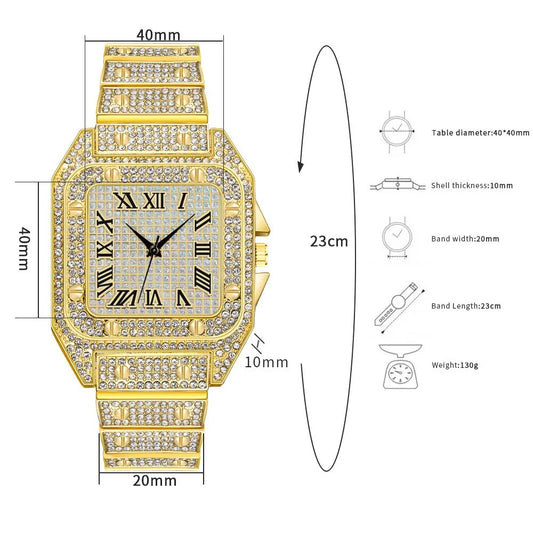 Iced Out Men's Luxury Diamond Square Roman Dial Quartz Watch