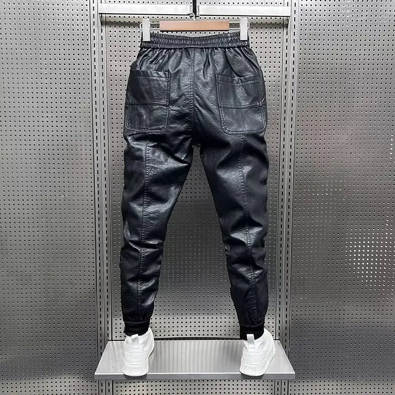 Hip Hop Men's Leather Retro Black Streetwear Elastic Pants