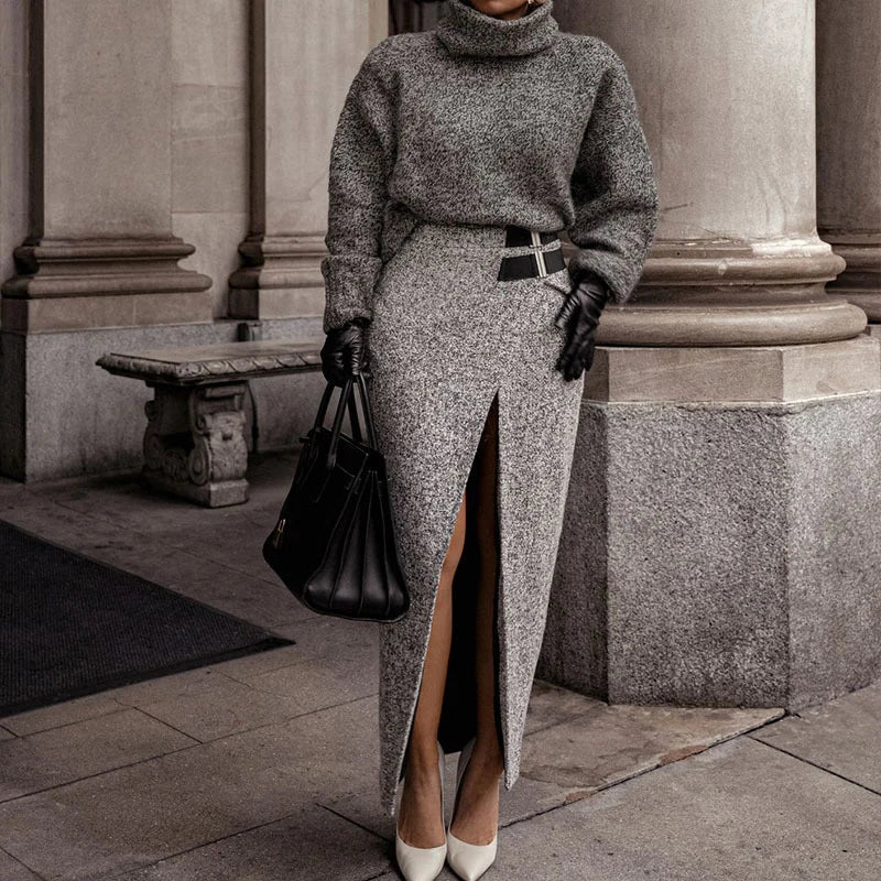 Grey Long Sleeve Turtleneck Pullover Sweater + High Front Slit Pencil Midi Skirt 2-Piece Set