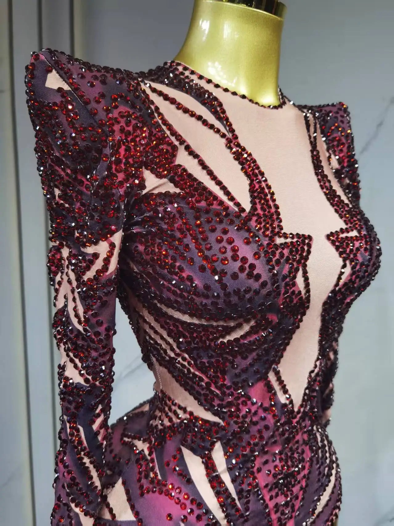 Sparkling Rhinestone Hollow-Out Long Sleeve Stage Formal Stage Performance Skin Tight Bodysuit