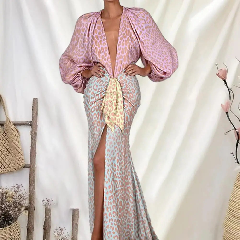 Tropical Floral/Pink Leopard Long Sleeve Deep V-Neck High Split Maxi Dress