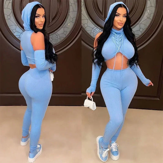 Hooded Ribbed Turtleneck Off-the-Shoulder Long Sleeve Cross Crop Top + High Waist Sweatpants Women's Tracksuit