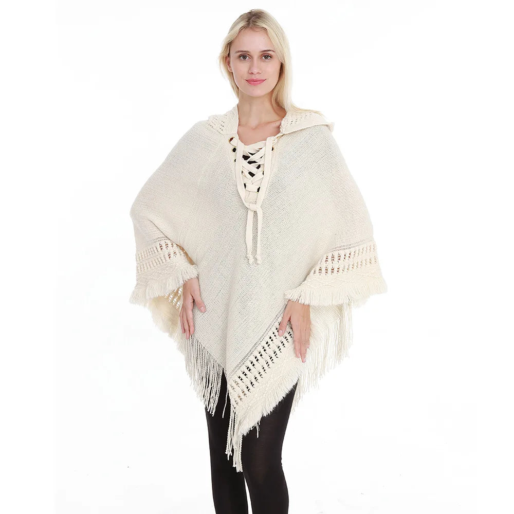 Fringe Tassel Women's Knitted Hooded Crochet Shawl Wrap Sweater