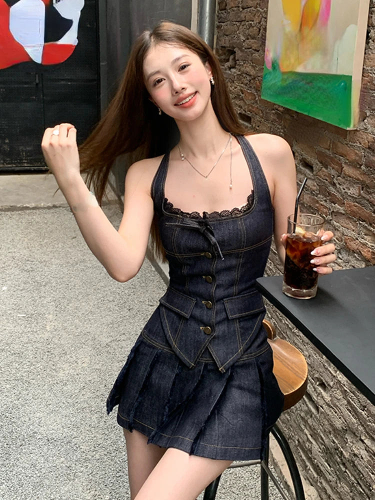 Sleeveless Dark Blue Denim Halter Button-Up Vest + Pleated Mini Skirt 2-Piece Set