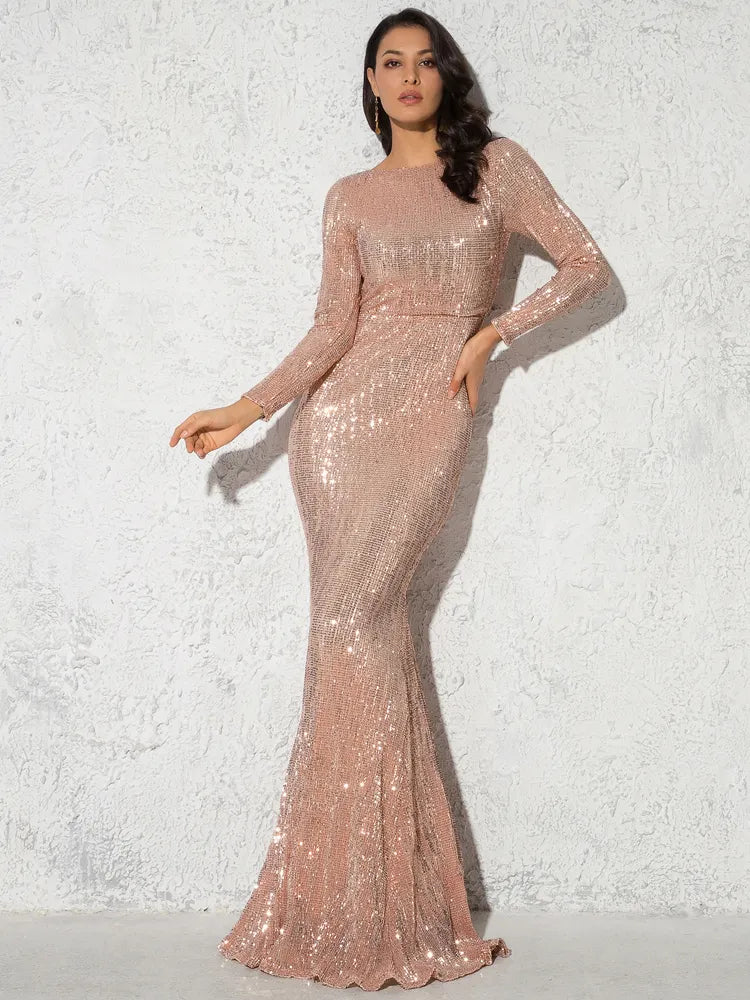 Sequined O-Neck Long Sleeve Maxi Floor Length Bodycon Evening Dress