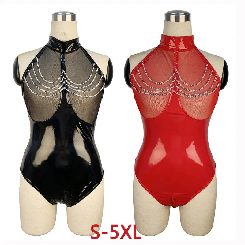 Latex Mesh PU Leather PVC Catsuit Zipper Crotch Romper Bodysuit to 5X